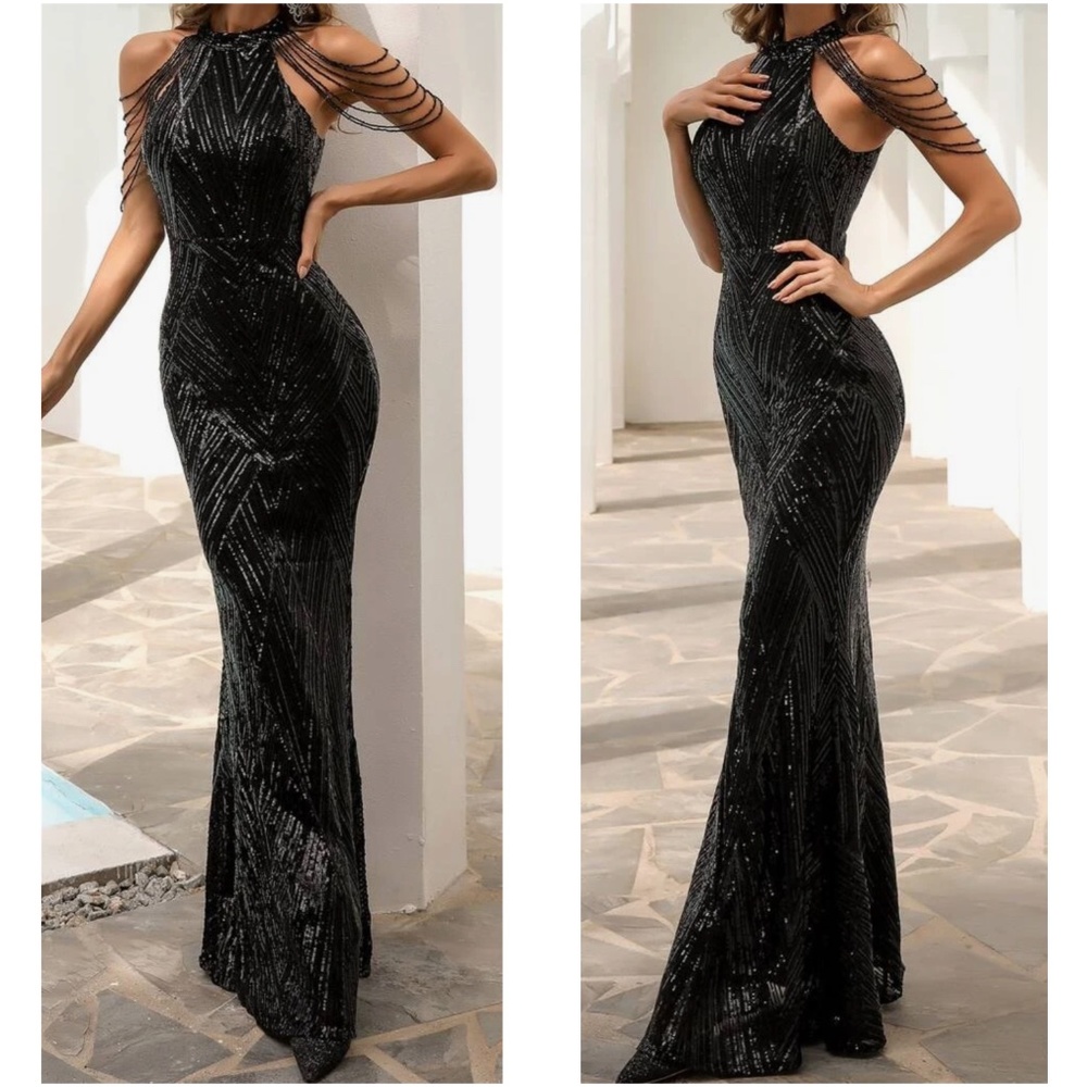 Luxe Sequin Halter Evening Party Wedding Bodycon Gown Dress
